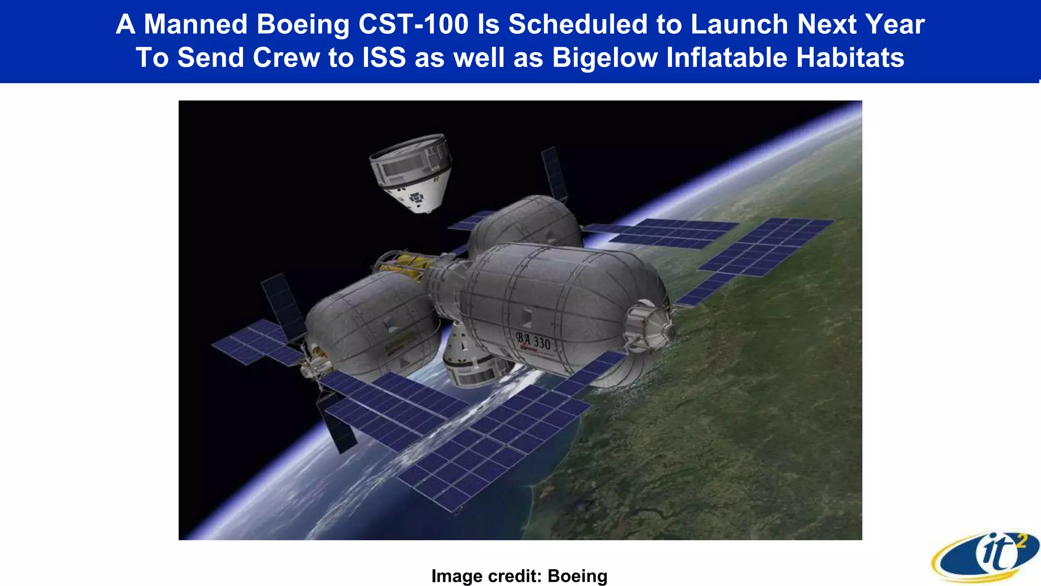 A Manned Boeing CST-100 Is Scheduled to Launch Next Year
To Send Crew to ISS as well as Bigelow Inflatable Habitats
Image credit: Boeing
 
