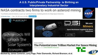 A U.S. Public/Private Partnership is Birthing an
Interplanetary Industrial Sector
Backed by James Cameron, Larry Page, Peter Diamandis, Richard Branson, et al.
 