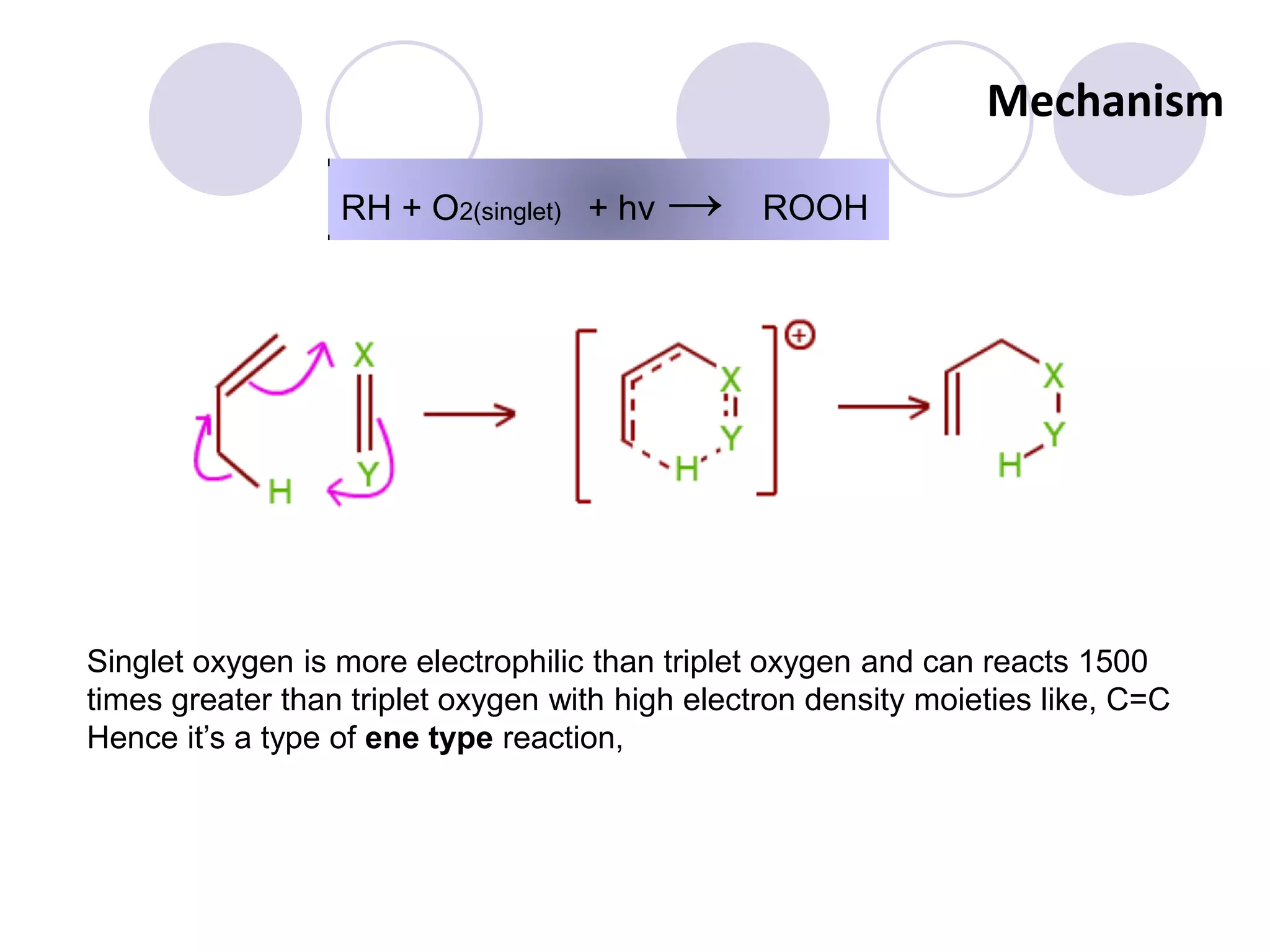 Mechanism
RH + O2(singlet) + hv → ROOH
Singlet oxygen is more electrophilic than triplet oxygen and can reacts 1500
times greater than triplet oxygen with high electron density moieties like, C=C
Hence it’s a type of ene type reaction,
 