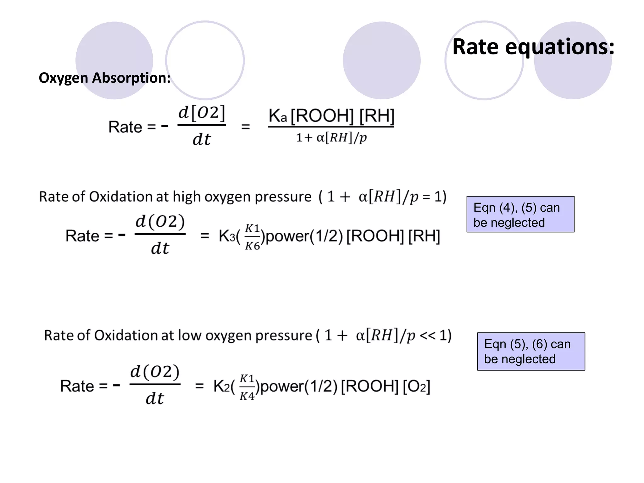 Rate equations:
Oxygen Absorption:
Eqn (4), (5) can
be neglected
Eqn (5), (6) can
be neglected
 