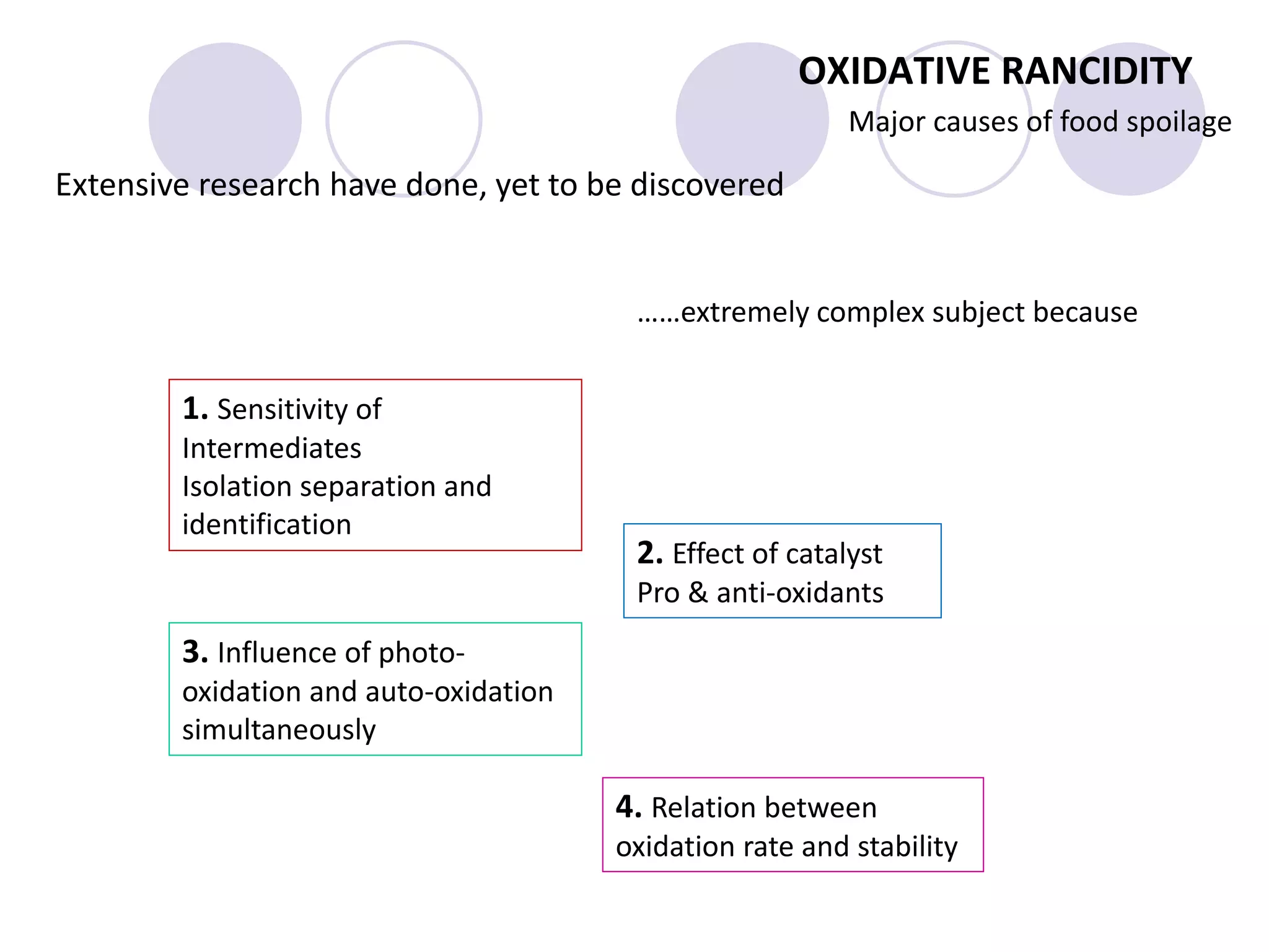 OXIDATIVE RANCIDITY
Major causes of food spoilage
Extensive research have done, yet to be discovered
……extremely complex subject because
1. Sensitivity of
Intermediates
Isolation separation and
identification
2. Effect of catalyst
Pro & anti-oxidants
3. Influence of photo-
oxidation and auto-oxidation
simultaneously
4. Relation between
oxidation rate and stability
 