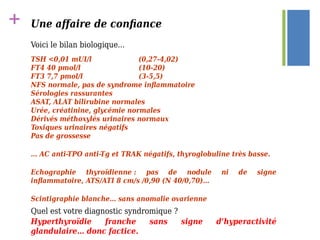 + Une affaire de confiance
Voici le bilan biologique...
TSH <0,01 mUI/l (0,27-4,02)
FT4 40 pmol/l (10-20)
FT3 7,7 pmol/l (3-5,5)
NFS normale, pas de syndrome inflammatoire
Sérologies rassurantes
ASAT, ALAT bilirubine normales
Urée, créatinine, glycémie normales
Dérivés méthoxylés urinaires normaux
Toxiques urinaires négatifs
Pas de grossesse
… AC anti-TPO anti-Tg et TRAK négatifs, thyroglobuline très basse.
Echographie thyroïdienne : pas de nodule ni de signe
inflammatoire, ATS/ATI 8 cm/s /0,90 (N 40/0,70)…
Scintigraphie blanche… sans anomalie ovarienne
Quel est votre diagnostic syndromique ?
Hyperthyroïdie franche sans signe d’hyperactivité
glandulaire… donc factice.
 