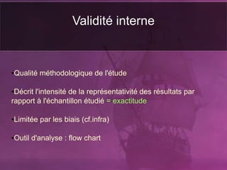 Validité interne
•Qualité méthodologique de l'étude
•Décrit l'intensité de la représentativité des résultats par
rapport à l'échantillon étudié = exactitude
•Limitée par les biais (cf.infra)
•Outil d'analyse : flow chart
 