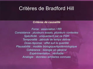 Critères de Bradford Hill
Critères de causalité
Force : association / RR
Consistance : plusieurs essais, plusieurs contextes
Spécificité : uniquement par ce FDR
Temporalité : période de temps définie
Dose-réponse : effet suit la quantité
Plausabilité : modèle biologique/épidémiologique
Cohérence : biologie en général
Expérimentation : vérifiable
Analogie : données similaires connues
 