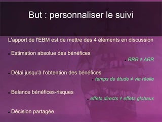But : personnaliser le suivi
L'apport de l'EBM est de mettre des 4 éléments en discussion
 Estimation absolue des bénéfices
 RRR ≠ ARR
 Délai jusqu'à l'obtention des bénéfices
 temps de étude ≠ vie réelle
 Balance bénéfices-risques
 effets directs ≠ effets globaux
 Décision partagée
 