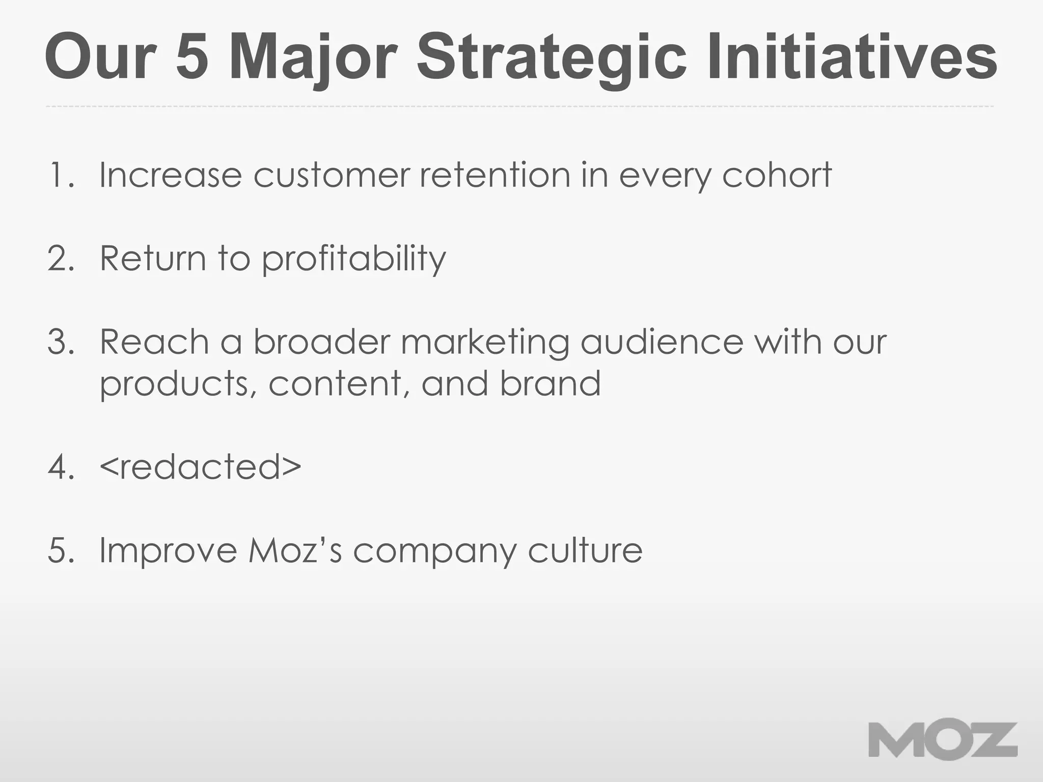 Our 5 Major Strategic Initiatives
1. Increase customer retention in every cohort
2. Return to profitability
3. Reach a broader marketing audience with our
products, content, and brand
4. <redacted>
5. Improve Moz’s company culture
 