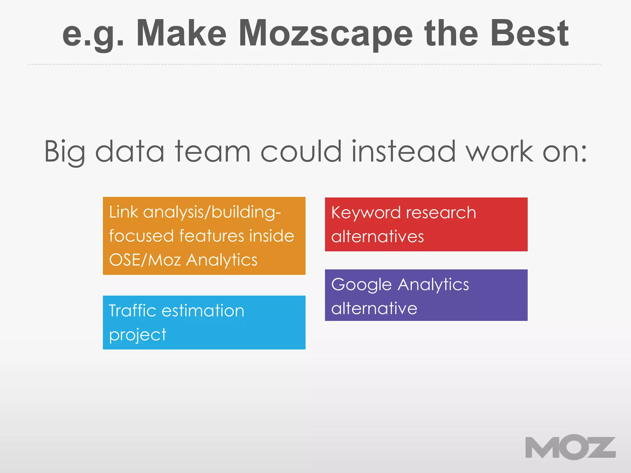 e.g. Make Mozscape the Best
Big data team could instead work on:
Google Analytics
alternative
Link analysis/building-
focused features inside
OSE/Moz Analytics
Traffic estimation
project
Keyword research
alternatives
 