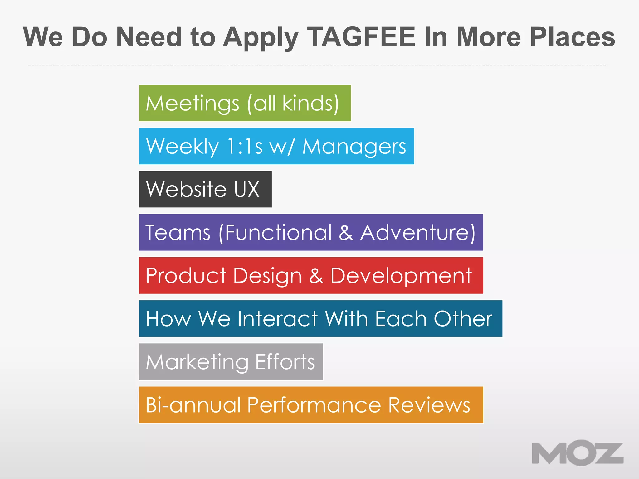 We Do Need to Apply TAGFEE In More Places
Teams (Functional & Adventure)
Meetings (all kinds)
Bi-annual Performance Reviews
Weekly 1:1s w/ Managers
Product Design & Development
Website UX
Marketing Efforts
How We Interact With Each Other
 