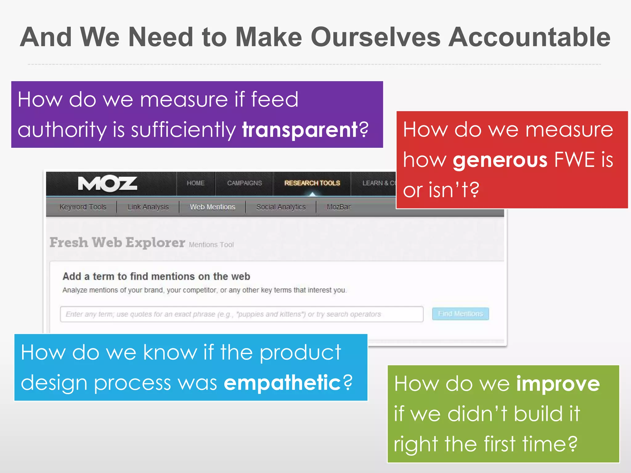 And We Need to Make Ourselves Accountable
How do we measure if feed
authority is sufficiently transparent? How do we measure
how generous FWE is
or isn’t?
How do we improve
if we didn’t build it
right the first time?
How do we know if the product
design process was empathetic?
 