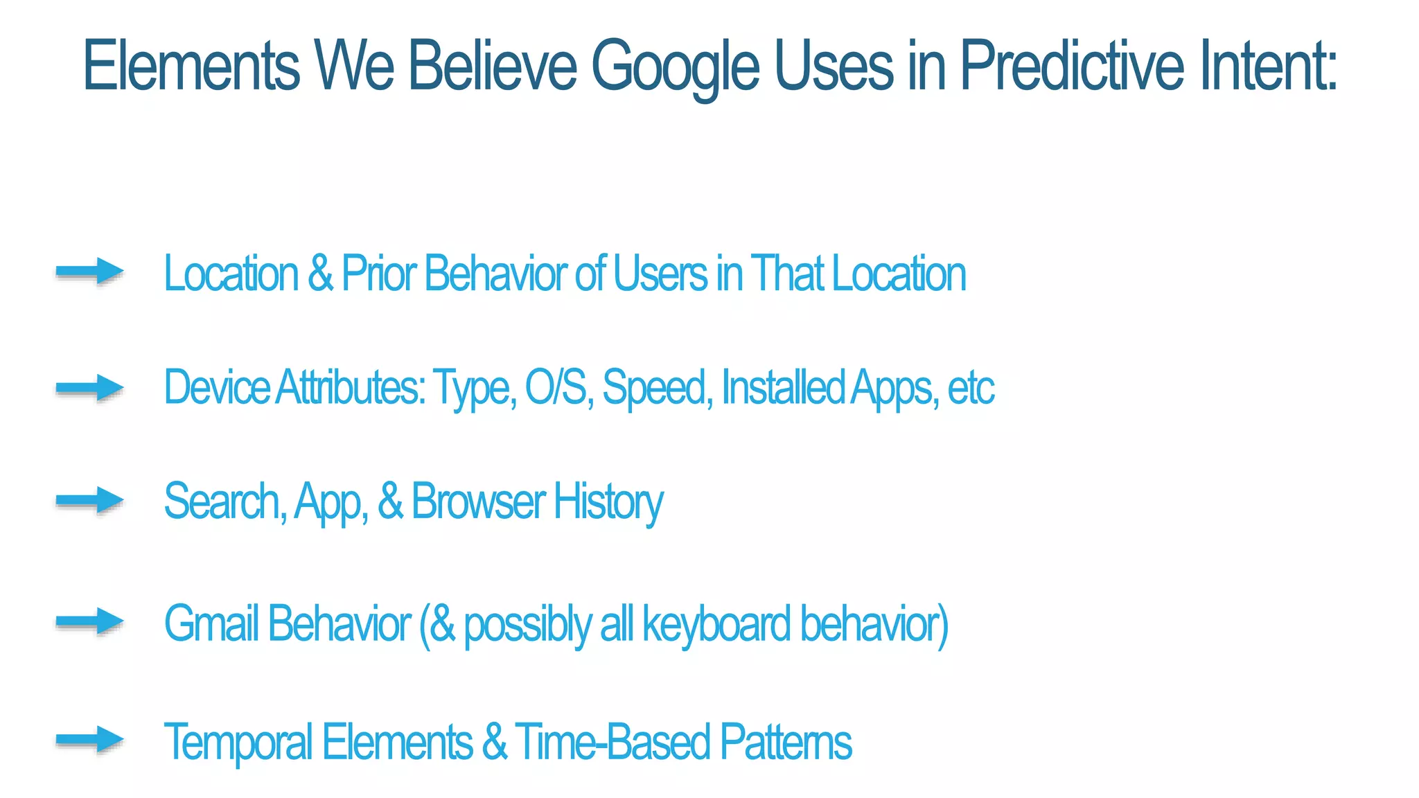 Elements WeBelieveGoogleUsesinPredictive Intent:
Location&PriorBehaviorofUsersinThatLocation
DeviceAttributes:Type,O/S,Speed,InstalledApps,etc
Search,App,&BrowserHistory
GmailBehavior(&possiblyallkeyboardbehavior)
TemporalElements&Time-BasedPatterns
 