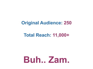 Original Audience: 250

 Total Reach: 11,000+




Buh.. Zam.
 