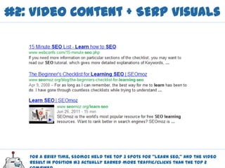 #2: Video Content + SERP Visuals




   For a brief time, SEOmoz held the top 3 spots for “learn seo,” and the video
   result in position #3 actually earned more traffic/clicks than the top 2
 
