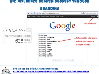 #9: Influence Search Suggest through
                         Branding




 You can see the original experiment here:
 https://plus.google.com/111294201325870406922/posts/BJJyt6rZ5Ku
 