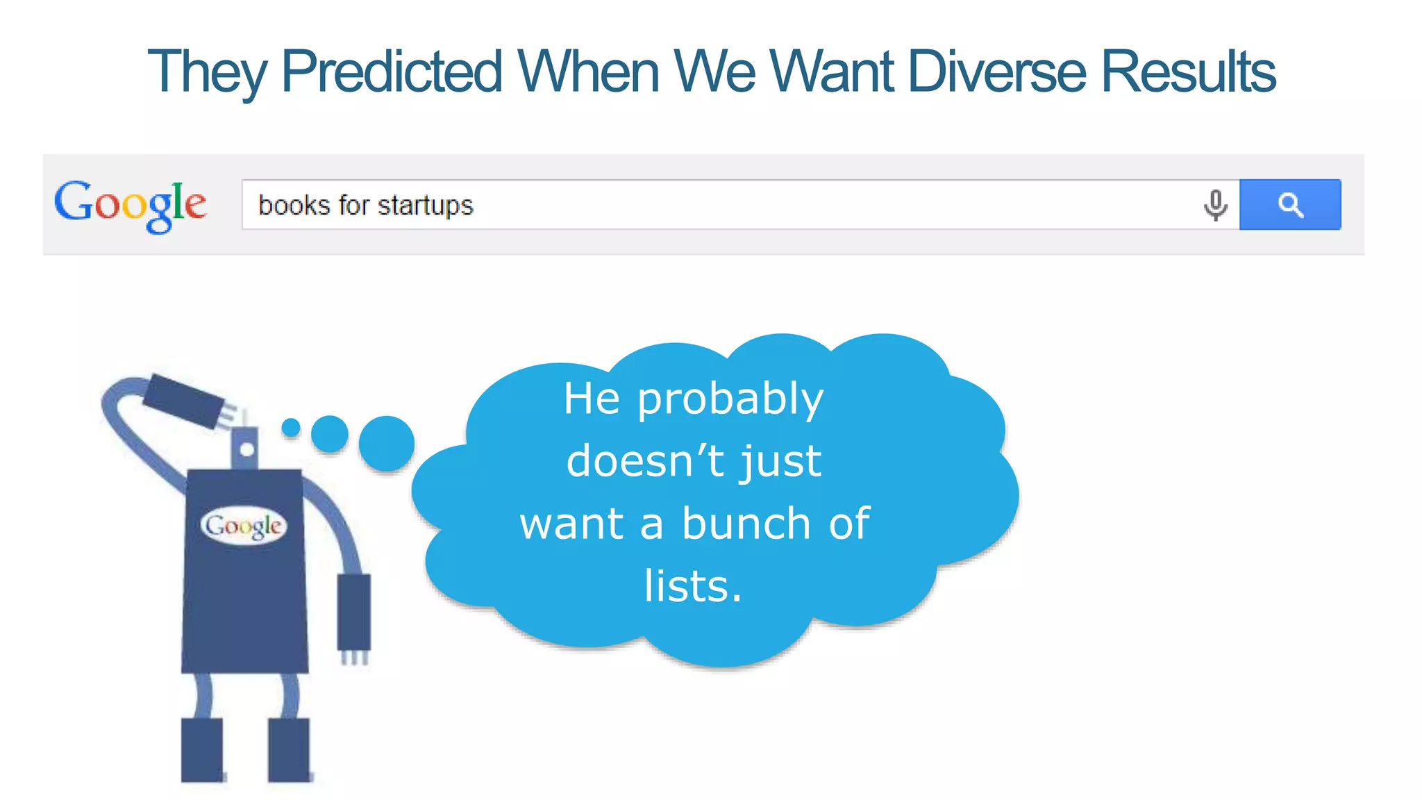 They Predicted When We Want Diverse Results
He probably
doesn’t just
want a bunch of
lists.
 