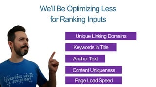 We’ll Be Optimizing Less
for Ranking Inputs
Unique Linking Domains
Keywords in Title
Anchor Text
Content Uniqueness
Page Load Speed
 