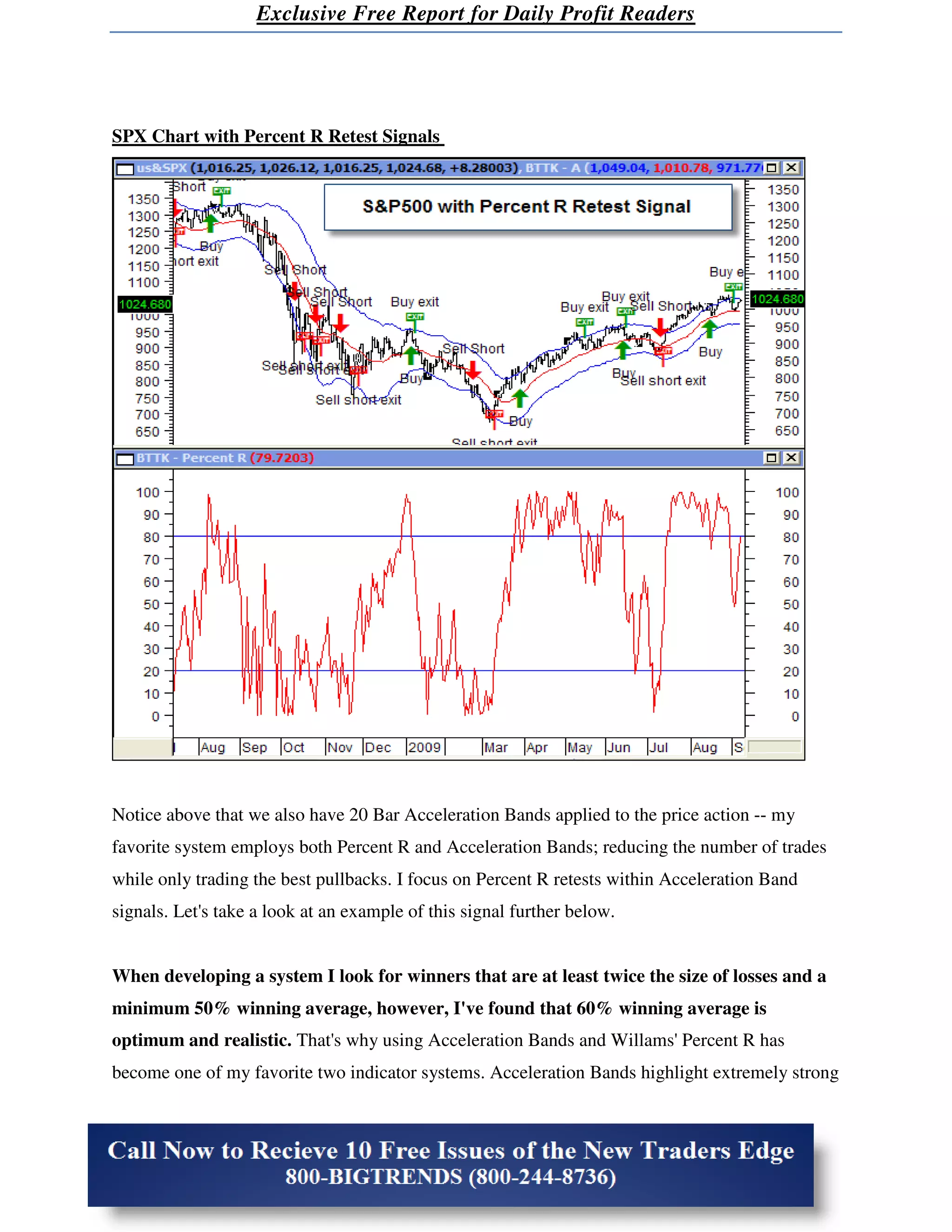 Exclusive Free Report for Daily Profit Readers




SPX Chart with Percent R Retest Signals




Notice above that we also have 20 Bar Acceleration Bands applied to the price action -- my
favorite system employs both Percent R and Acceleration Bands; reducing the number of trades
while only trading the best pullbacks. I focus on Percent R retests within Acceleration Band
signals. Let's take a look at an example of this signal further below.


When developing a system I look for winners that are at least twice the size of losses and a
minimum 50% winning average, however, I've found that 60% winning average is
optimum and realistic. That's why using Acceleration Bands and Willams' Percent R has
become one of my favorite two indicator systems. Acceleration Bands highlight extremely strong
 