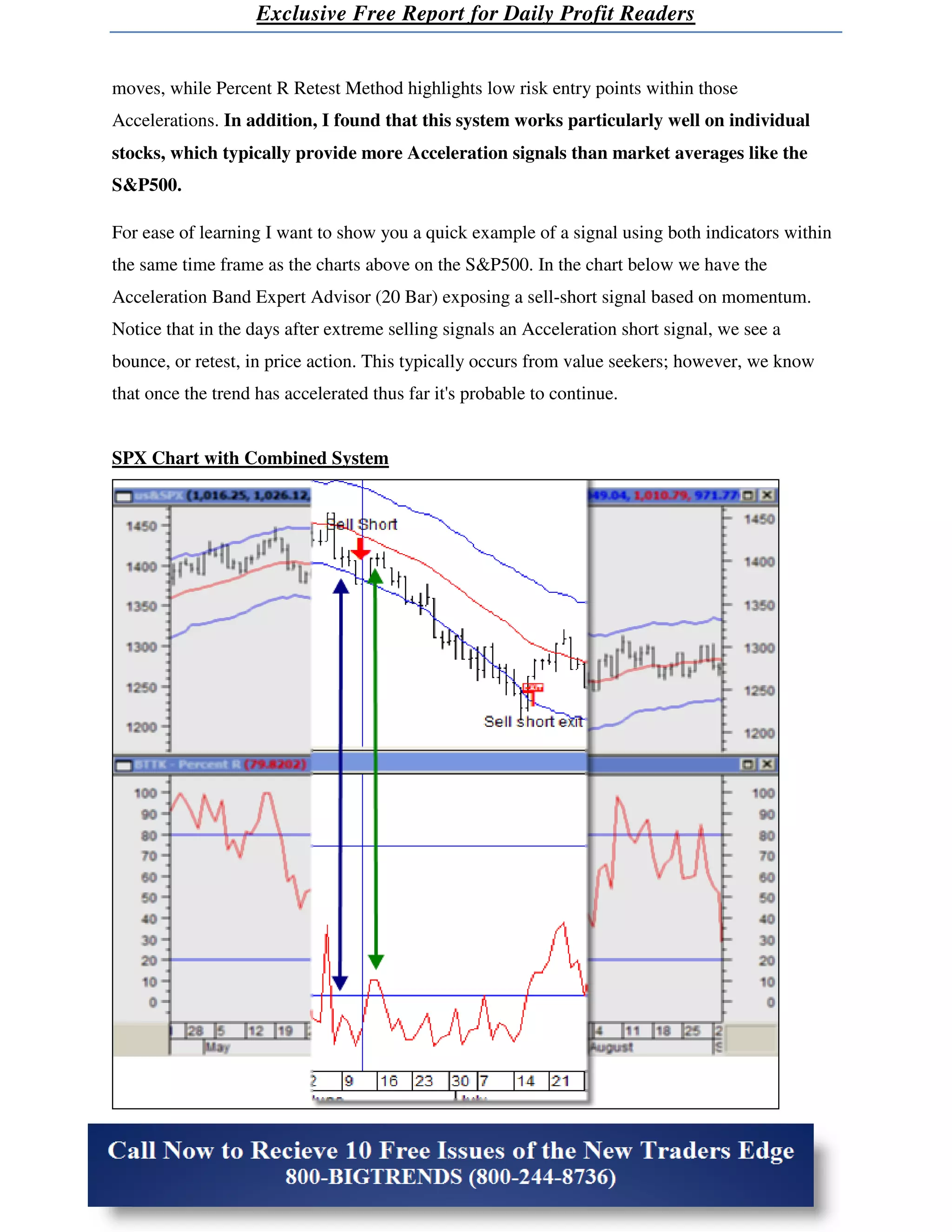 Exclusive Free Report for Daily Profit Readers


moves, while Percent R Retest Method highlights low risk entry points within those
Accelerations. In addition, I found that this system works particularly well on individual
stocks, which typically provide more Acceleration signals than market averages like the
S&P500.

For ease of learning I want to show you a quick example of a signal using both indicators within
the same time frame as the charts above on the S&P500. In the chart below we have the
Acceleration Band Expert Advisor (20 Bar) exposing a sell-short signal based on momentum.
Notice that in the days after extreme selling signals an Acceleration short signal, we see a
bounce, or retest, in price action. This typically occurs from value seekers; however, we know
that once the trend has accelerated thus far it's probable to continue.


SPX Chart with Combined System
 