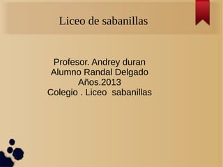 Liceo de sabanillas
Profesor. Andrey duran
Alumno Randal Delgado
Años.2013
Colegio . Liceo sabanillas
 