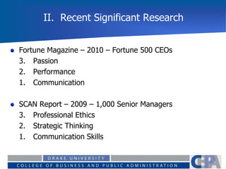 II. Recent Significant Research
Fortune Magazine – 2010 – Fortune 500 CEOs
3. Passion
2. Performance
1. Communication
SCAN Report – 2009 – 1,000 Senior Managers
3. Professional Ethics
2. Strategic Thinking
1. Communication Skills
 