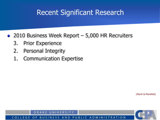 Recent Significant Research
2010 Business Week Report – 5,000 HR Recruiters
3. Prior Experience
2. Personal Integrity
1. Communication Expertise
(Marsh & Mansfield)
 