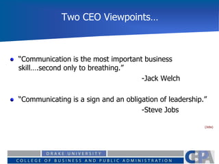 Two CEO Viewpoints…
“Communication is the most important business
skill….second only to breathing.”
-Jack Welch
“Communicating is a sign and an obligation of leadership.”
-Steve Jobs
(Jobs)
 