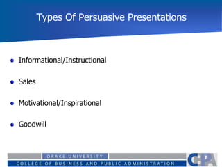 Types Of Persuasive Presentations
Informational/Instructional
Sales
Motivational/Inspirational
Goodwill
 