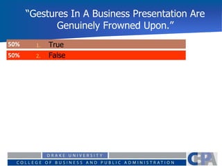 “Gestures In A Business Presentation Are
Genuinely Frowned Upon.”
50%
50% 1. True
2. False
 