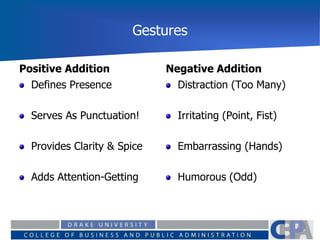 Gestures
Positive Addition
Defines Presence
Serves As Punctuation!
Provides Clarity & Spice
Adds Attention-Getting
Negative Addition
Distraction (Too Many)
Irritating (Point, Fist)
Embarrassing (Hands)
Humorous (Odd)
 
