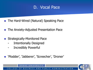 D. Vocal Pace
The Hard-Wired (Natural) Speaking Pace
The Anxiety-Adjusted Presentation Pace
Strategically-Monitored Pace
- Intentionally Designed
- Incredibly Powerful
‘Plodder’, ‘Jabberer’, ‘Screecher’, ‘Droner’
 