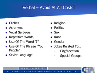 Verbal – Avoid At All Costs!
Cliches
Acronyms
Vocal Garbage
Repetitive Words
Use Of The Word “I”
Use Of The Phrase “You
People”
Sexist Language
Religion
Politics
Sex
Race
Gender
Jokes Related To…
- City/Location
- Special Groups
 