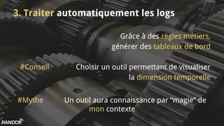3. Traiter automatiquement les logs
Grâce à des règles métiers,
générer des tableaux de bord
#Conseil Choisir un outil permettant de visualiser
la dimension temporelle
#Mythe Un outil aura connaissance par “magie” de
mon contexte
 