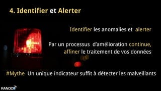 4. Identifier et Alerter
Identifier les anomalies et alerter
Par un processus d’amélioration continue,
affiner le traitement de vos données
#Mythe Un unique indicateur suffit à détecter les malveillants
 
