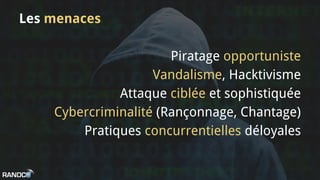 Les menaces
Piratage opportuniste
Vandalisme, Hacktivisme
Attaque ciblée et sophistiquée
Cybercriminalité (Rançonnage, Chantage)
Pratiques concurrentielles déloyales
 