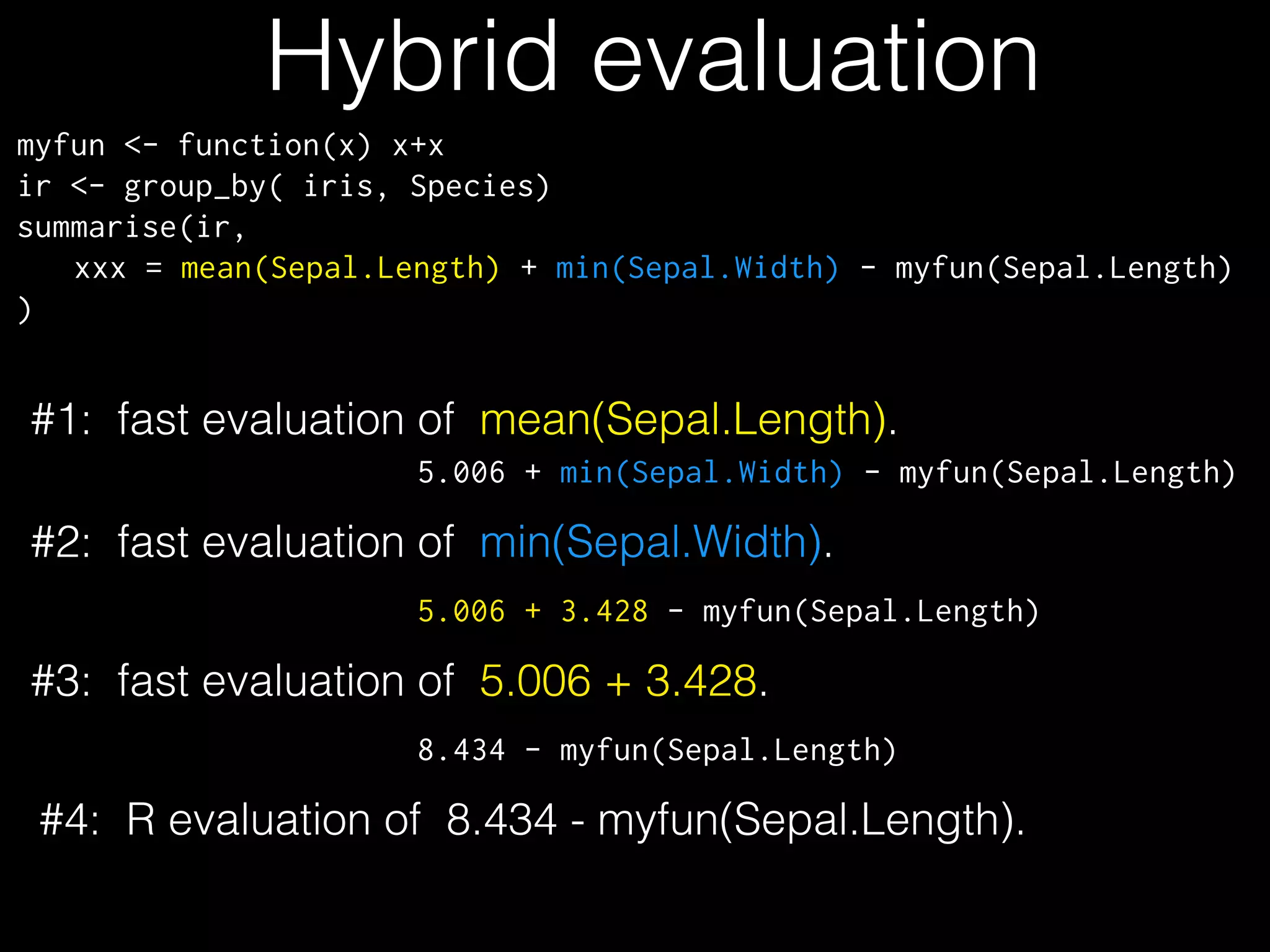 Hybrid evaluation myfun <- function(x) x+x ir <- group_by( iris, Species) summarise(ir, xxx = mean(Sepal.Length) + min(Sepal.Width) - myfun(Sepal.Length) ) #1: fast evaluation of mean(Sepal.Length). 5.006 + min(Sepal.Width) - myfun(Sepal.Length) #2: fast evaluation of min(Sepal.Width). 5.006 + 3.428 - myfun(Sepal.Length) #3: fast evaluation of 5.006 + 3.428. 8.434 - myfun(Sepal.Length) #4: R evaluation of 8.434 - myfun(Sepal.Length). 