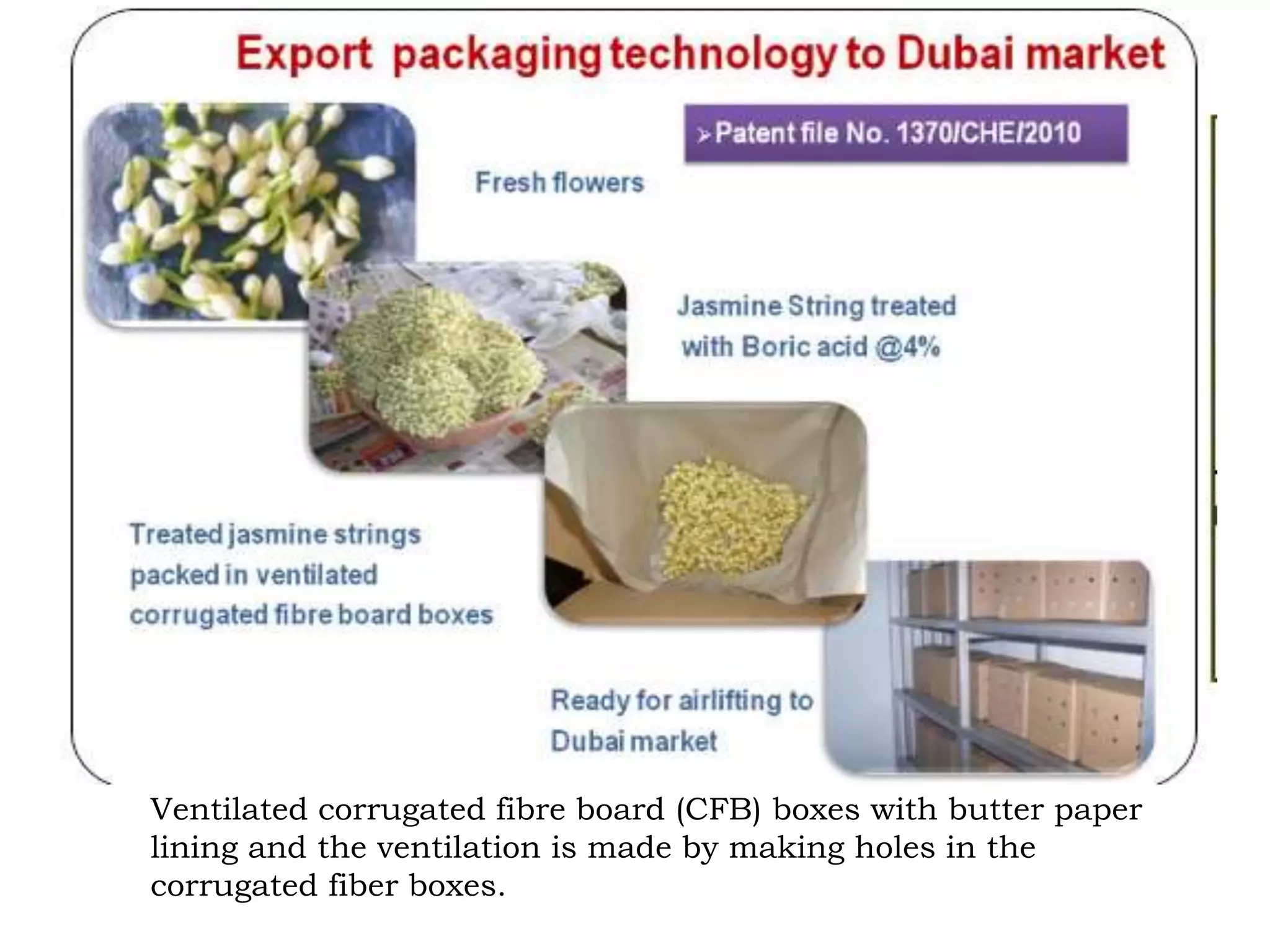 Ventilated corrugated fibre board (CFB) boxes with butter paper
lining and the ventilation is made by making holes in the
corrugated fiber boxes.
 