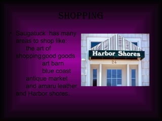 Shopping Saugatuck  has many areas to shop like: the art of shopping good goods art barn blue coast antique market and amaru leather and Harbor shores.   