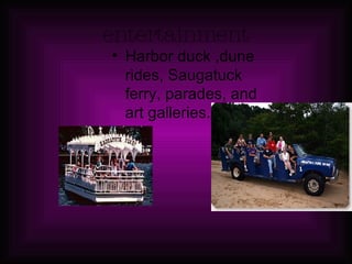 entertainment Harbor duck ,dune rides, Saugatuck ferry, parades, and art galleries. 