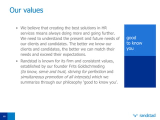 Our values We believe that creating the best solutions in HR services means always doing more and going further. We need to understand the present and future needs of our clients and candidates. The better we know our clients and candidates, the better we can match their needs and exceed their expectations.  Randstad is known for its firm and consistent values, established by our founder Frits Goldschmeding  (to know, serve and trust,   striving for perfection  and  simultaneous promotion of all interests)  which we summarize through our philosophy ‘good to know you’. good to know you 