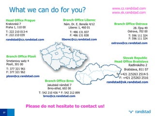What we can do for you? Branch Office  Liberec Nám. Dr. E. Beneše 4/12 Liberec 1, 460 01 T: 486 131 837 F: 486 131 838 [email_address] .randstad.com Branch Office  Ostrava 28. října 49 Ostrava, 702 00 T: 596 111 324 F: 596 111 324 ostrava@ cz.randstad .c om Branch Office  Plzeň Smetanovy sady 4 Plzeň, 3 01  00 T: 377  321 961   F: 377  321 962 [email_address] .randstad.com www.cz .randstad.com www. sk.randstad.com Head Office  Pra gue   Krakovská 7 Praha 1, 110 00 T: 222 210 013-4 F: 222 210 039 randstad @cz .randstad.com Branch Office Brno Jakubské náměstí 7 Brno-střed, 602 00 T: 542 210 436  *  F: 542 212 899 [email_address] .randstad.com Slovak Republic  Head Office  Bratislava Radlinského 2   Bratislava, 811 0 7 T: +421 2/5263 2514-5 F: +421 2/5263 2516 randstad @sk .randstad.com Please do not hesitate to contact us! 