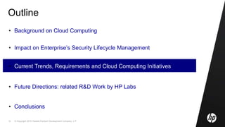 © Copyright 2010 Hewlett-Packard Development Company, L.P.12
Outline
• Background on Cloud Computing
• Impact on Enterprise’s Security Lifecycle Management
• Current Trends, Requirements and Cloud Computing Initiatives
• Future Directions: related R&D Work by HP Labs
• Conclusions
 