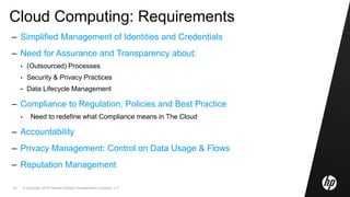 © Copyright 2010 Hewlett-Packard Development Company, L.P.23
Cloud Computing: Requirements
– Simplified Management of Identities and Credentials
– Need for Assurance and Transparency about:
• (Outsourced) Processes
• Security & Privacy Practices
• Data Lifecycle Management
– Compliance to Regulation, Policies and Best Practice
• Need to redefine what Compliance means in The Cloud
– Accountability
– Privacy Management: Control on Data Usage & Flows
– Reputation Management
 