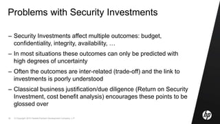© Copyright 2010 Hewlett-Packard Development Company, L.P.35
Problems with Security Investments
– Security Investments affect multiple outcomes: budget,
confidentiality, integrity, availability, …
– In most situations these outcomes can only be predicted with
high degrees of uncertainty
– Often the outcomes are inter-related (trade-off) and the link to
investments is poorly understood
– Classical business justification/due diligence (Return on Security
Investment, cost benefit analysis) encourages these points to be
glossed over
 