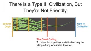 There is a Type III Civilization, But 
They’re Not Friendly. 
Type III 
Civilization 
The Great Culling 
To prevent compet...