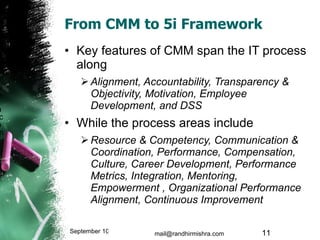 From CMM to 5i Framework Key features of CMM span the IT process along  Alignment, Accountability, Transparency & Objectivity, Motivation, Employee Development, and DSS While the process areas include  Resource & Competency, Communication & Coordination, Performance, Compensation, Culture, Career Development, Performance Metrics, Integration, Mentoring, Empowerment , Organizational Performance Alignment, Continuous Improvement September 10, 2009 mail@randhirmishra.com  