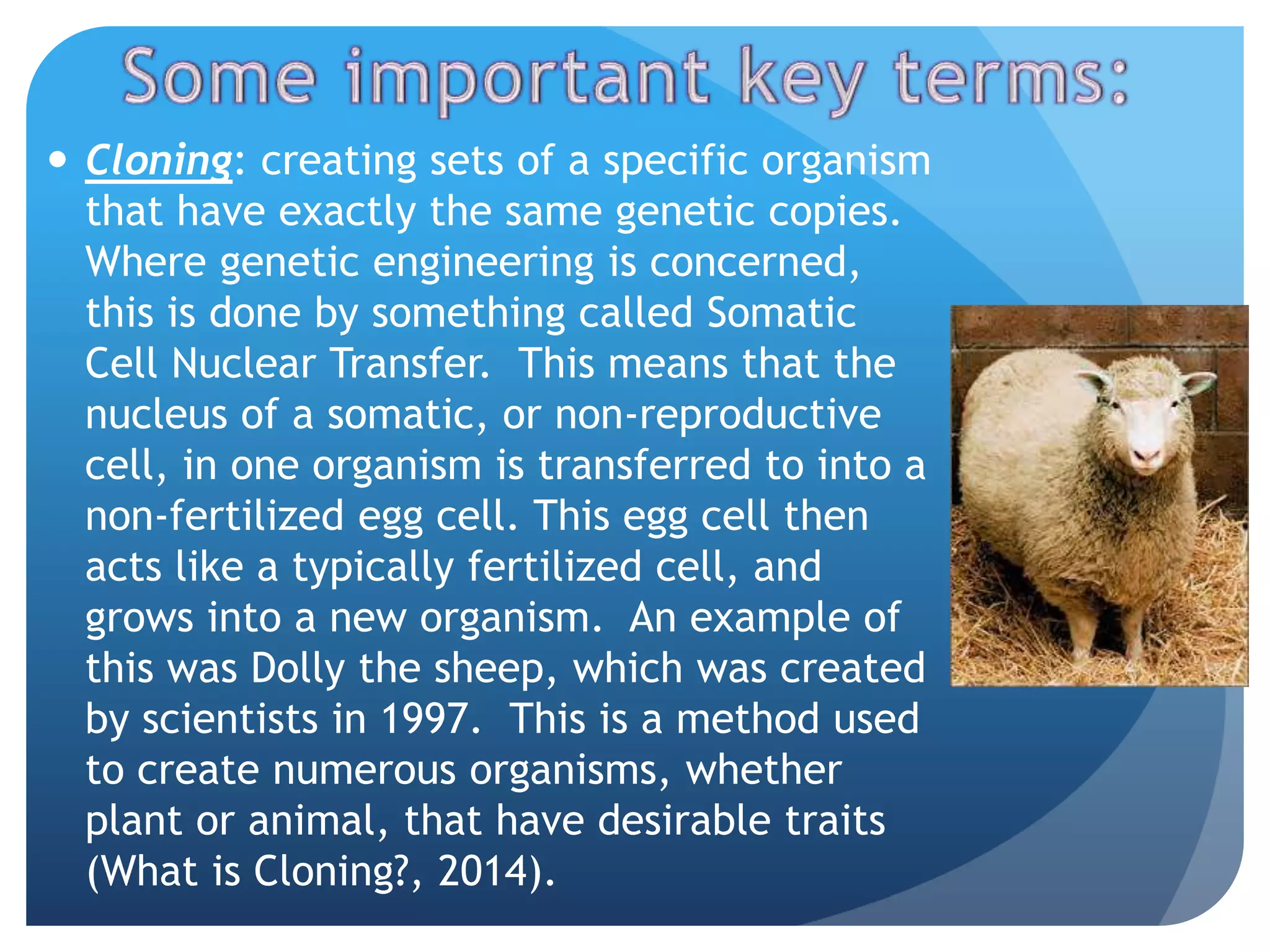  Cloning: creating sets of a specific organism
that have exactly the same genetic copies.
Where genetic engineering is concerned,
this is done by something called Somatic
Cell Nuclear Transfer. This means that the
nucleus of a somatic, or non-reproductive
cell, in one organism is transferred to into a
non-fertilized egg cell. This egg cell then
acts like a typically fertilized cell, and
grows into a new organism. An example of
this was Dolly the sheep, which was created
by scientists in 1997. This is a method used
to create numerous organisms, whether
plant or animal, that have desirable traits
(What is Cloning?, 2014).
 
