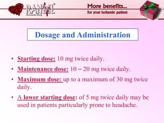 Dosage and Administration

• Starting dose: 10 mg twice daily.
• Maintenance dose: 10 – 20 mg twice daily.
• Maximum dose: up to a maximum of 30 mg twice
  daily.
• A lower starting dose: of 5 mg twice daily may be
  used in patients particularly prone to headache.
 
