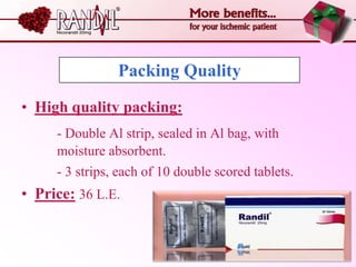 Packing Quality

• High quality packing:
     - Double Al strip, sealed in Al bag, with
     moisture absorbent.
     - 3 strips, each of 10 double scored tablets.
• Price: 36 L.E.
 