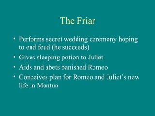 The Friar Performs secret wedding ceremony hoping to end feud (he succeeds) Gives sleeping potion to Juliet Aids and abets banished Romeo Conceives plan for Romeo and Juliet’s new life in Mantua 