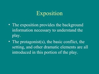 Exposition The exposition provides the background information necessary to understand the play. The protagonist(s), the basic conflict, the setting, and other dramatic elements are all introduced in this portion of the play. 