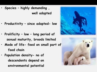 • Species – highly demanding ,
well adapted
• Productivity – since adapted- low
• Prolificity – low – long period of
sexual maturity, broods limited
• Mode of life- feed on small part of
food chain
• Population density- no of
descendents depend on
environmental potential
 